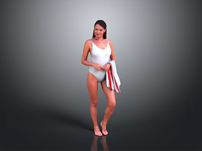 White One Piece Swimsuit With Red And White Striped Towel Against Gray Background 3d model