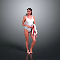 White One Piece Swimsuit With Red And White Striped Towel Against Gray Background