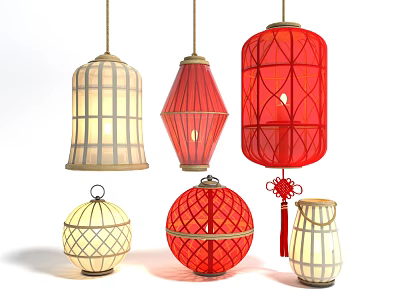 Hanging And Placed Decorative Lanterns In Red White With Grid And Diamond Patterns 3d model