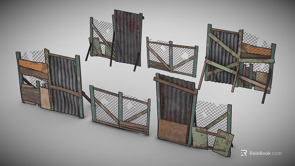 Old Rustic Fences With Rusted Metal Panels Wooden Frames And Wire Mesh 3d model 