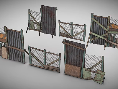 Old Rustic Fences With Rusted Metal Panels Wooden Frames And Wire Mesh 3d model