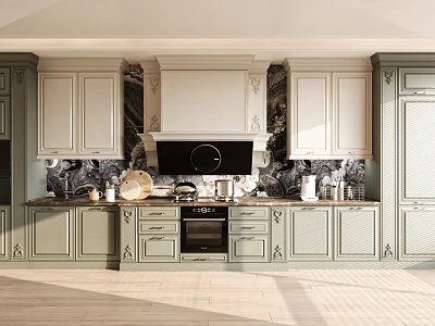 Elegant Modern Kitchen Interior With Light Colored Cabinets Black Range Hood And Decorative Backsplash 3d model