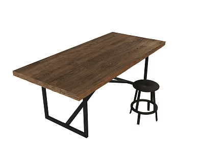 Rustic Wooden Dining Table Set With Black Metal Frame And Bar Stool 3d model