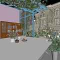 Courtyard Garden With Climbing Vines Flowering Roses Wicker Chair And Decorative Table Setup