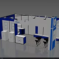 Epson Exhibition Booth With Blue And White Design Display Counters And Tables With Black Stools