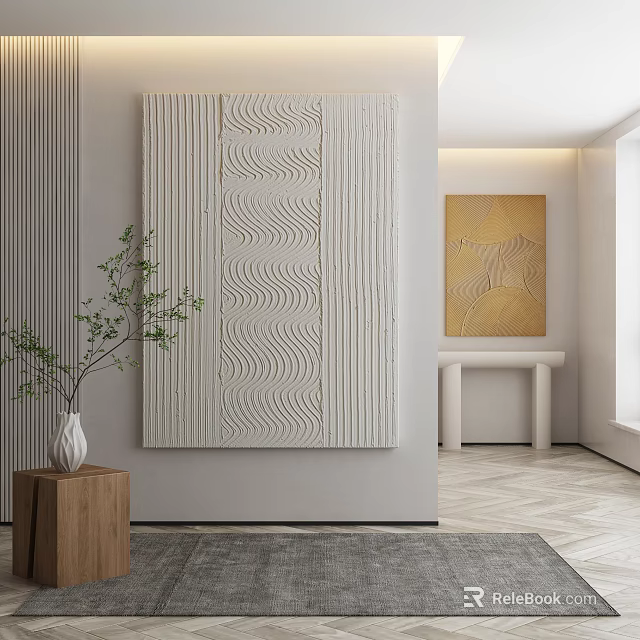 Modern Minimalist Interior With Textured Wall Art And Greenery 3d model 