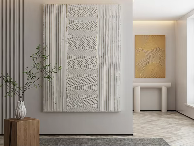 Modern Minimalist Interior With Textured Wall Art And Greenery 3d model