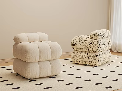 Cream And Black Patterned Puffed Ottomans On Geometric Rug In Modern Interior 3d model