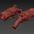 Colorful Double Barrel Weapon With Blue Orange Yellow Details And Mechanical Design