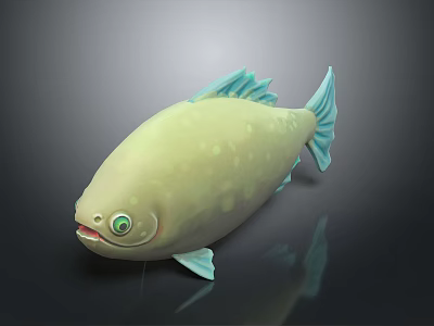 Cartoon Style Light Green Fish with Blue Fins Large Eyes and Dark Background Reflection 3d model