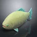 Cartoon Style Light Green Fish with Blue Fins Large Eyes and Dark Background Reflection