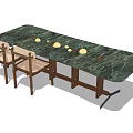 Modern Dining Table Set With Green Marble Tabletop And Wooden Frame Chairs 3d model