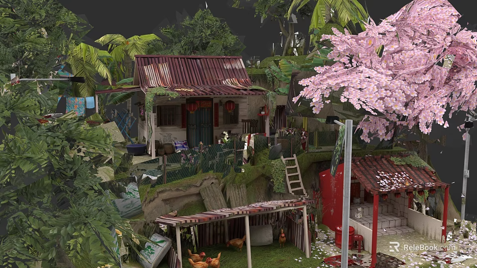 Detached Villa With Red Tiled Roof Green Plants And Cherry Blossom Tree 3d model 