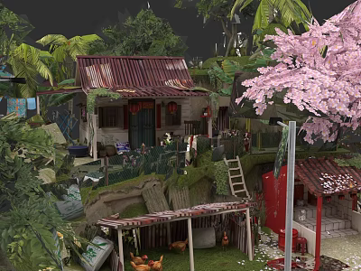 Detached Villa With Red Tiled Roof Green Plants And Cherry Blossom Tree 3d model