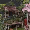 Detached Villa With Red Tiled Roof Green Plants And Cherry Blossom Tree