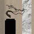 Metal Branch Decorative Ornament Set with Black Base and Wooden Marble Wall Background