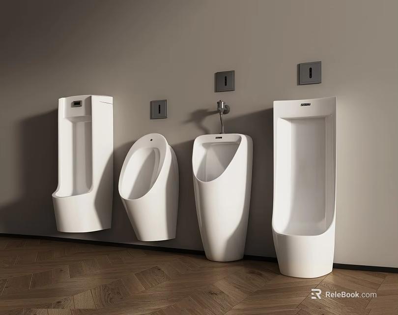 White Urinals With Various Designs Mounted On Gray Wall And Wooden Floor 3d model 