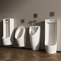 White Urinals With Various Designs Mounted On Gray Wall And Wooden Floor