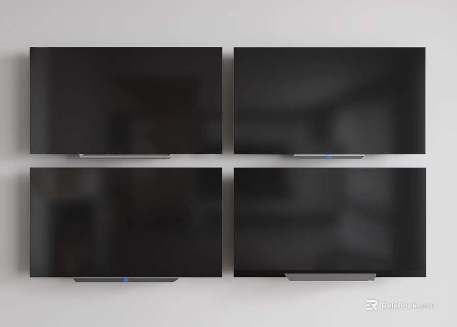 Four Modern Black Smart TVs Mounted Side by Side on Light Colored Wall 3d model
