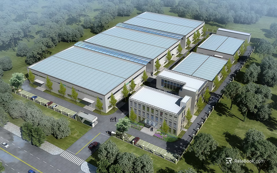 Modern Large Industrial Factory Complex With Green Surroundings Trees And Office Annex 3d model