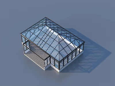 Modern Glass Building Model With Transparent Roof Black Frame And Checkerboard Floor 3d model