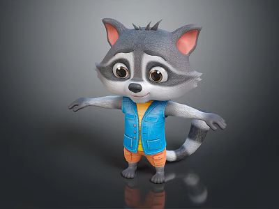 Cute Cartoon Raccoon Character With Grey Fur Blue Vest And Orange Shorts 3d model