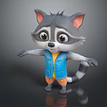 Cute Cartoon Raccoon Character With Grey Fur Blue Vest And Orange Shorts