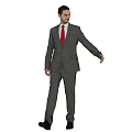 Man walking in gray suit with red tie against light purple background extending right hand