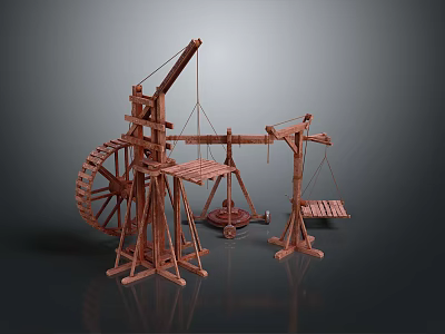 Wooden Mechanical Equipment Set With Water Wheel Crane And Balance Scale 3d model
