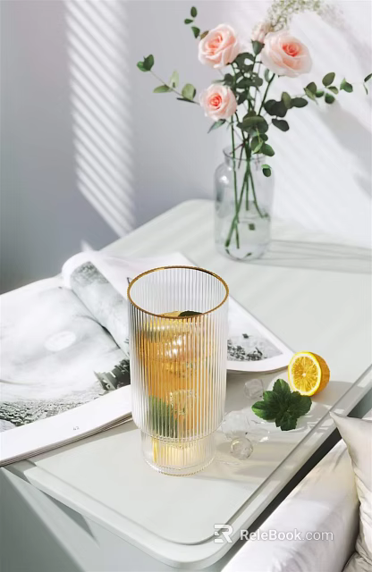Gold Rimmed Striped Glass With Iced Tea Lemon Slice And Mint On White Tabletop 3d model 