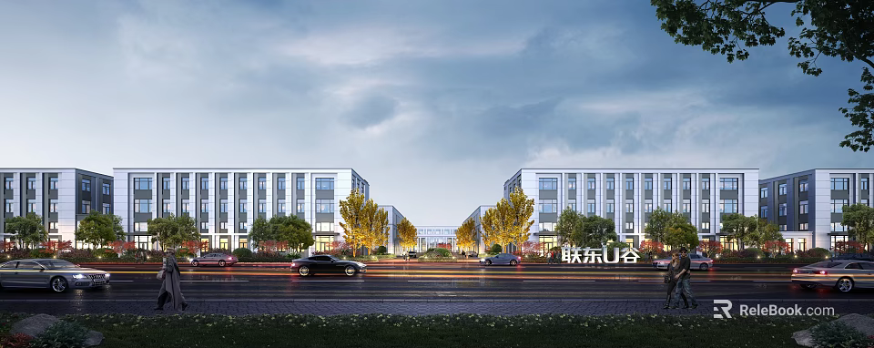 Lian Dong U Valley Modern Industrial Park With Road Cars Trees And Streetlights 3d model 