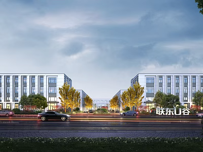 Lian Dong U Valley Modern Industrial Park With Road Cars Trees And Streetlights 3d model