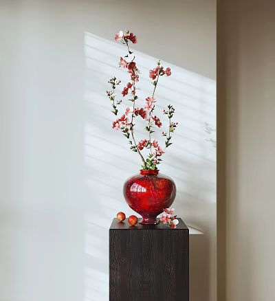 Red Vase with Red Flowers and Small Red Fruits on Dark Stand with Sunlight Shadows 3d model