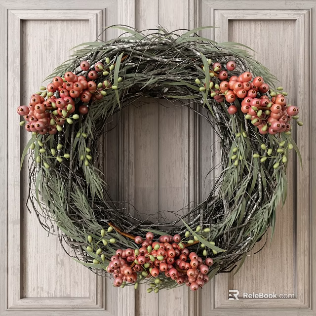 Natural Decorative Wreath With Green Branches And Red Berries On Wooden Background 3d model 