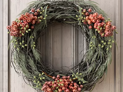 Natural Decorative Wreath With Green Branches And Red Berries On Wooden Background 3d model