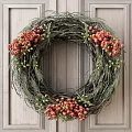 Natural Decorative Wreath With Green Branches And Red Berries On Wooden Background