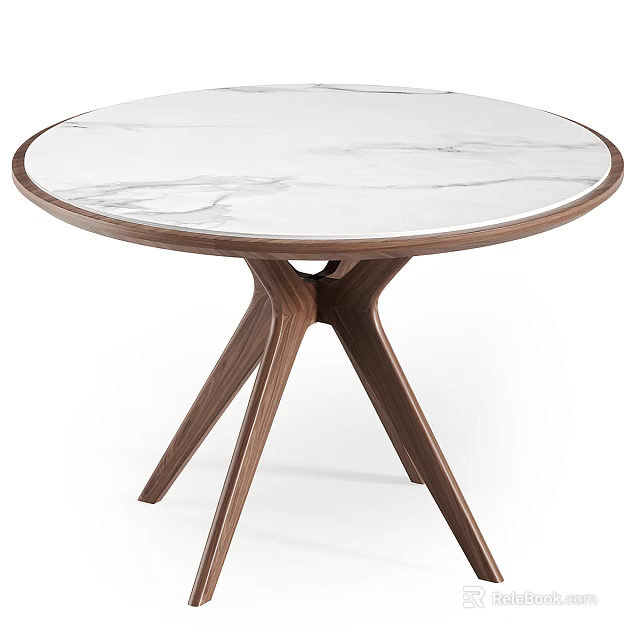 Modern Round Dining Table with White Marble Top and Wooden Triangular Legs 3d model