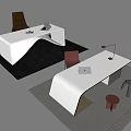 Modern Office Desk Setup With Curved White Surface Chair Lamp Stool And Rug