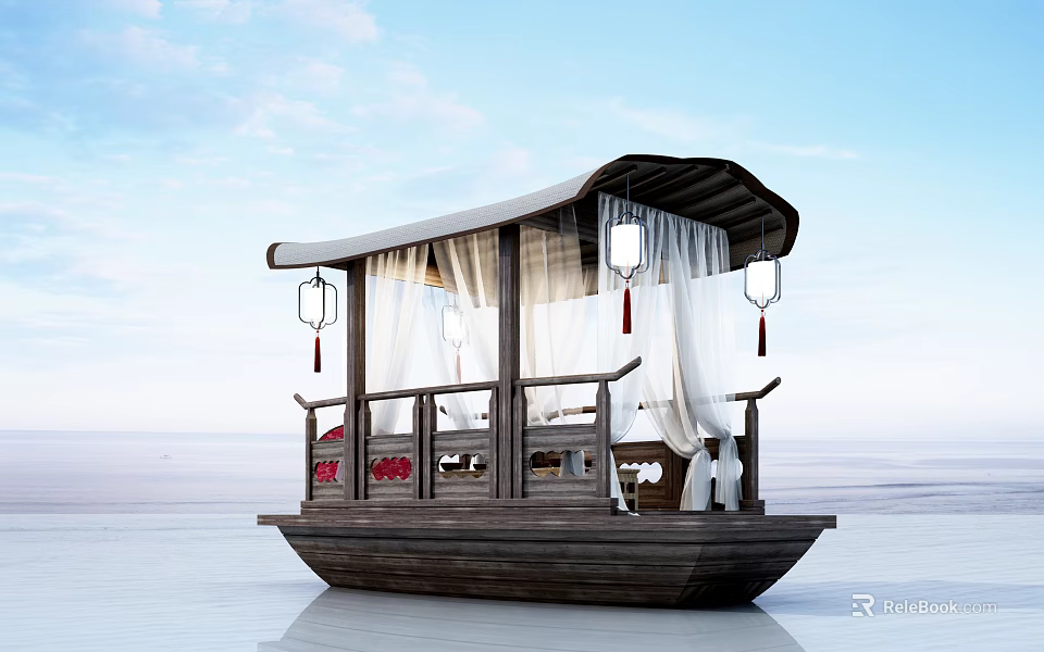 Traditional Wooden Boat With Canopy Curtains Hanging Lanterns And Decorative Seats On Calm Water 3d model 