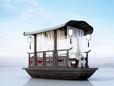 Traditional Wooden Boat With Canopy Curtains Hanging Lanterns And Decorative Seats On Calm Water 3d model
