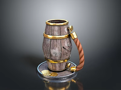 Vintage Wooden Barrel Shaped Household Item With Metal Hoops Rope Handle And Coin Decorated Base 3d model