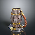 Vintage Wooden Barrel Shaped Household Item With Metal Hoops Rope Handle And Coin Decorated Base