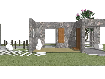 Stone Feature Wall With Wooden Doors Decorative Openings And Green Lawn 3d model