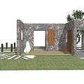 Stone Feature Wall With Wooden Doors Decorative Openings And Green Lawn