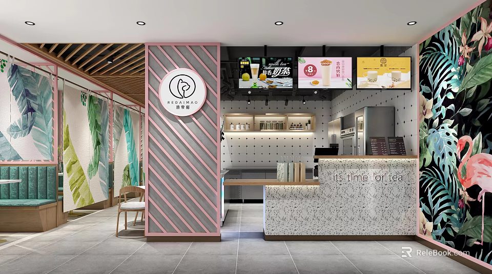 Modern Flower Tea Shop Interior With Pink White Decor Green Leaf Murals And Menu Screens 3d model 