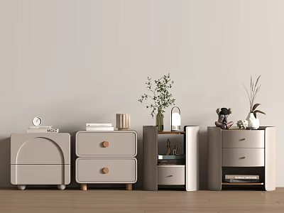 Light Colored Bedside Tables With Various Designs And Decorative Plants Books Clock 3d model