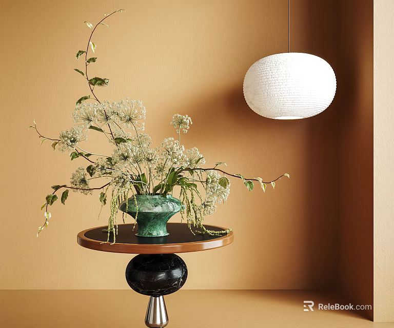 Green Vase With White Flowers And Branches On Wooden Table Under White Pendant Light 3d model 