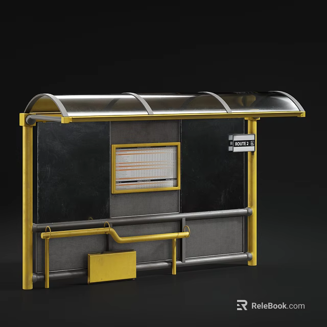 Yellow Framed Bus Stop With Transparent Roof Information Board And Bench 3d model 