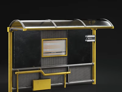 Yellow Framed Bus Stop With Transparent Roof Information Board And Bench 3d model