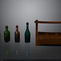 Colorful Glass Bottles With Wooden Wine Rack On Reflective Display Surface